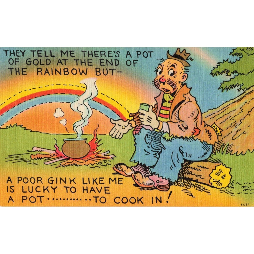 Vintage Tichnor Quality Views Linen Postcard Humorous Hobo Rainbow Pot of Gold